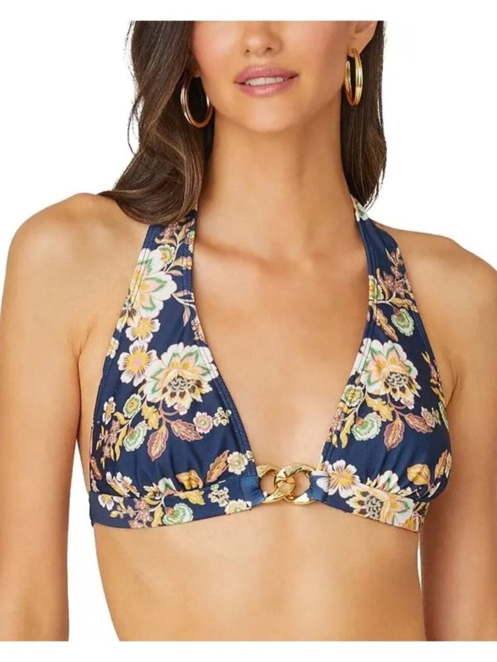 NWT Shoshanna Printed Chain Embellished Halter Bikini Top Navy Multi Size B